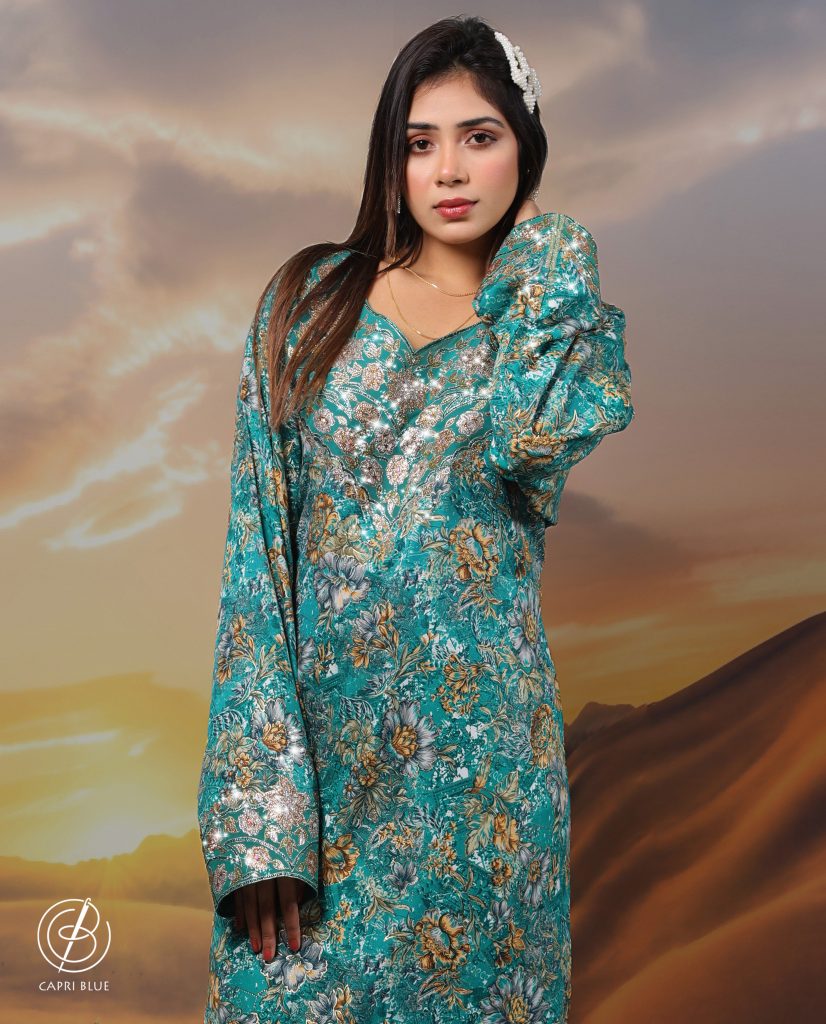 Teal floral crystal-work jalabiya