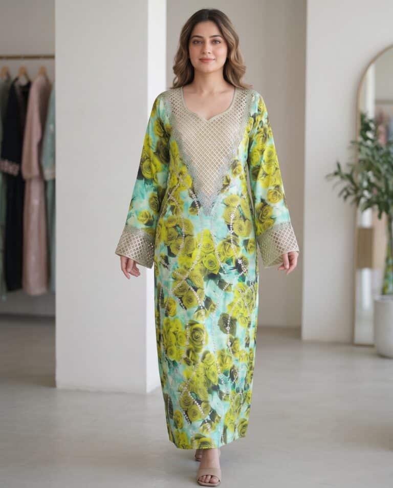 AI-generated model wearing a real Capri Blue green rose-print jalabiya with crystal lattice neckline