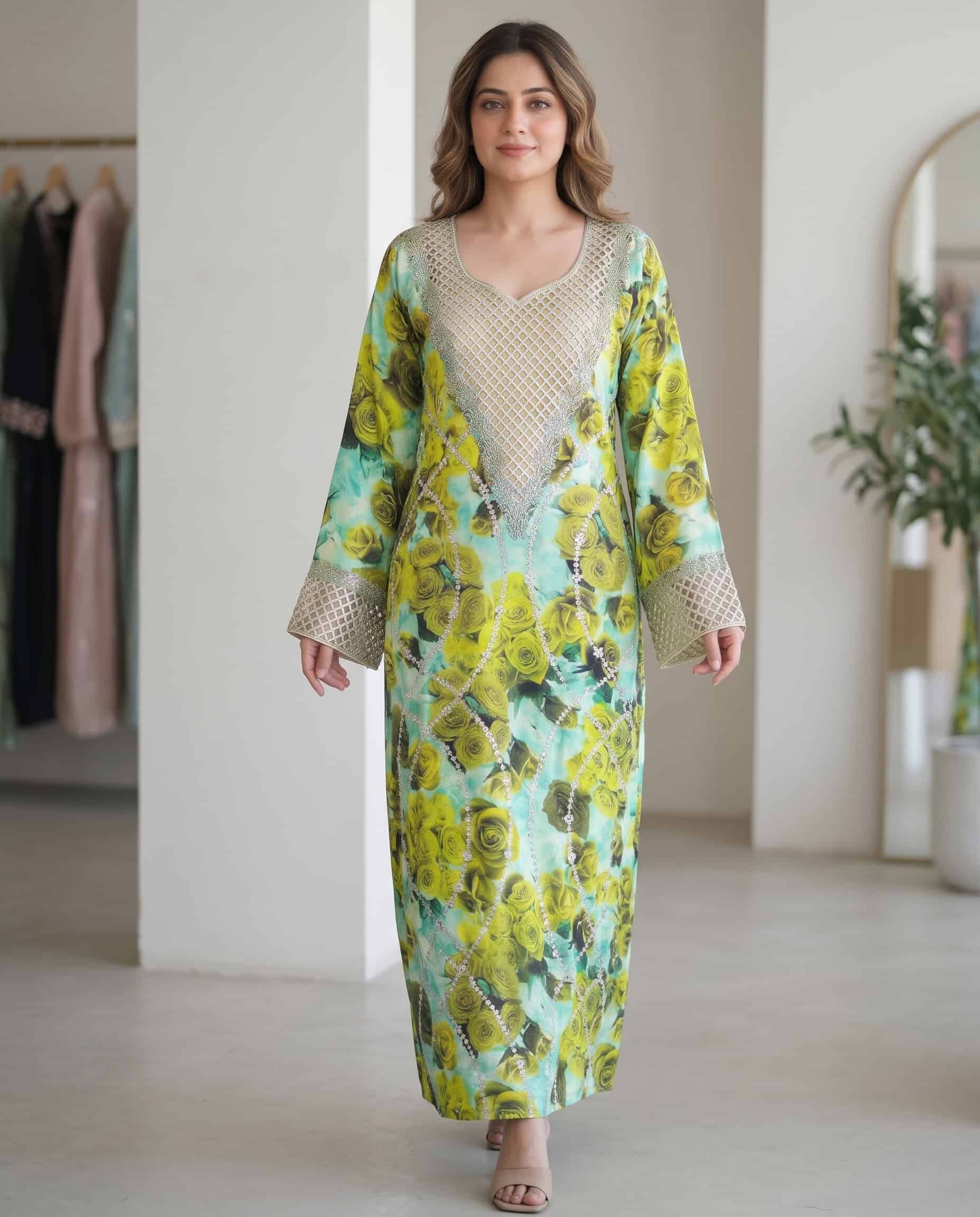 AI-generated model wearing a real Capri Blue green rose-print jalabiya with crystal lattice neckline